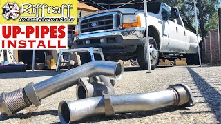 2001 F350 73  RiffRaff UpPipes Install  Stock up pipes leaking and falling apart JUNK SP [upl. by Catha649]